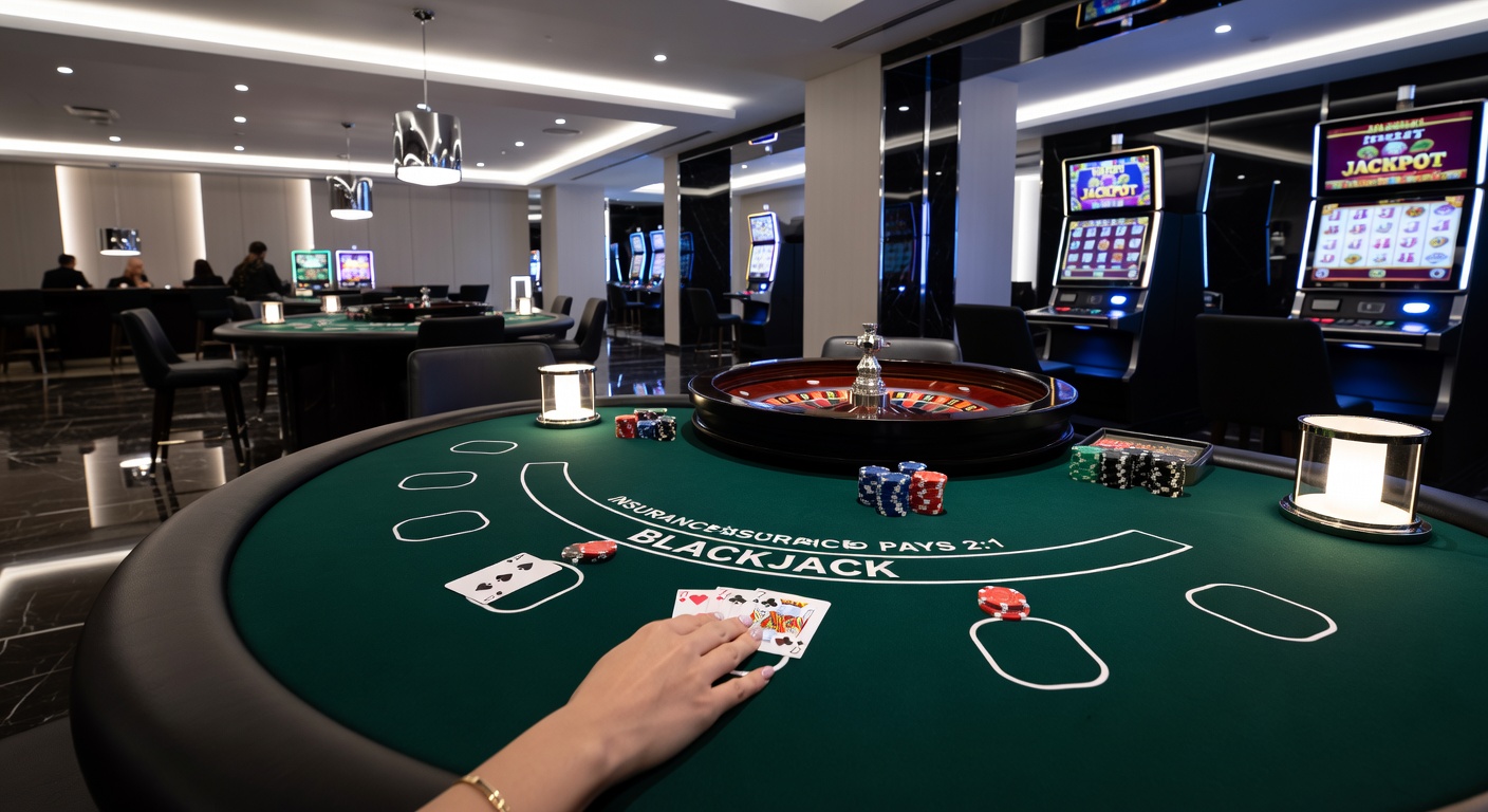 Bruisende casinovloer met draaiende roulettetafels, knipperende gokkasten en geconcentreerde spelers rond blackjacktafels