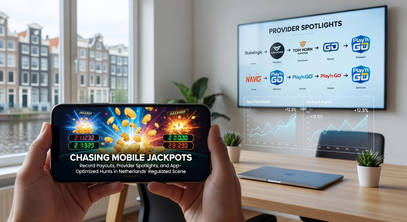 Spannende mobiele jackpot win op een Nederlandse casino-app, met confetti en gouden munten die over het scherm vliegen