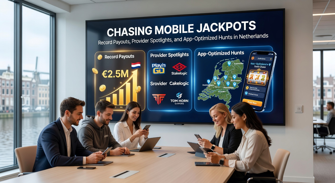 Close-up van een smartphone met draaiende jackpot wielen op een KSA-gelicentieerde Nederlandse casino-app, achtergrond met Nederlandse vlag en skyline