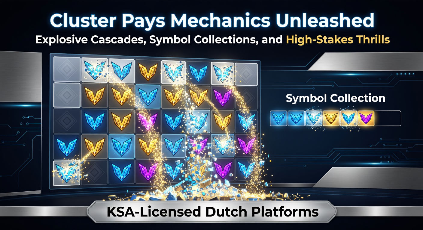 Schermafbeelding van een cluster pays slot met exploderende symbolen en vallende nieuwe iconen in een kleurrijke cascade-animatie
