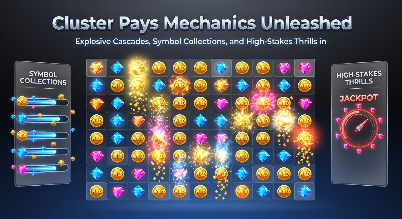 Dynamische weergave van een symbol collection meter vullend op tijdens een cascade-reeks in een cluster pays slot, met exploderende clusters en vallende multipliers