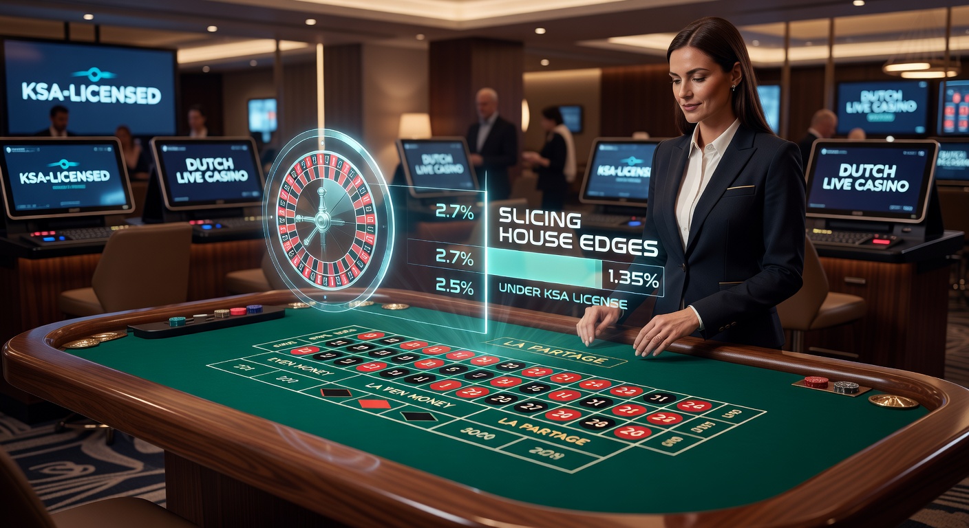 Grafiek met vergelijking van huisvoordelen: Franse Roulette met La Partage versus Europese en Amerikaanse varianten, inclusief balken voor even-geld-inzetten in KSA-casino's