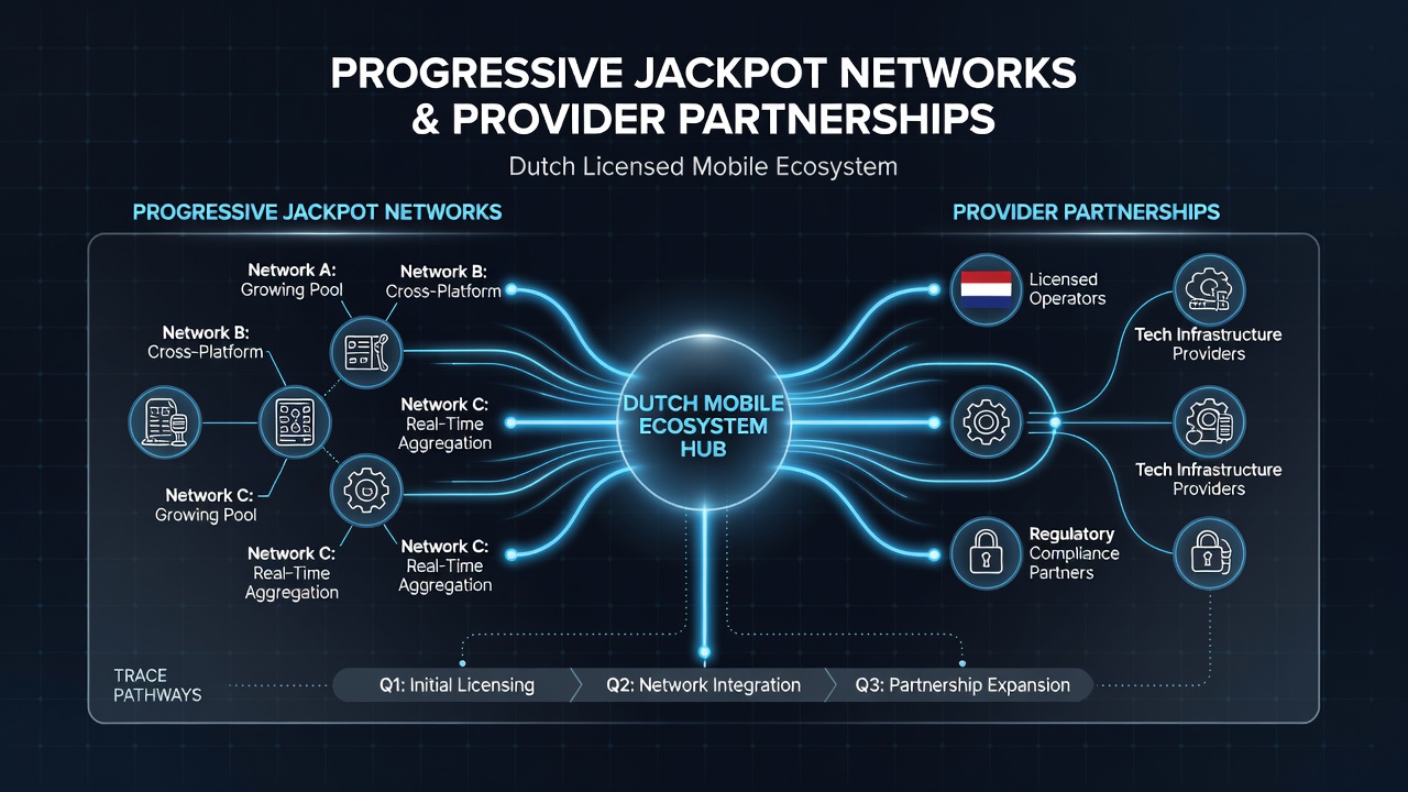 Mobiele app interface met progressieve jackpot tracking en provider partnerschappen
